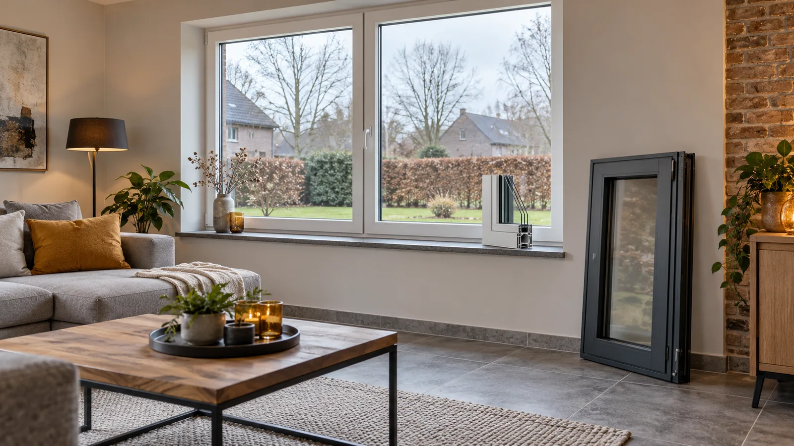Salon lumineux avec châssis PVC blanc, échantillon de châssis aluminium et coupe de profil