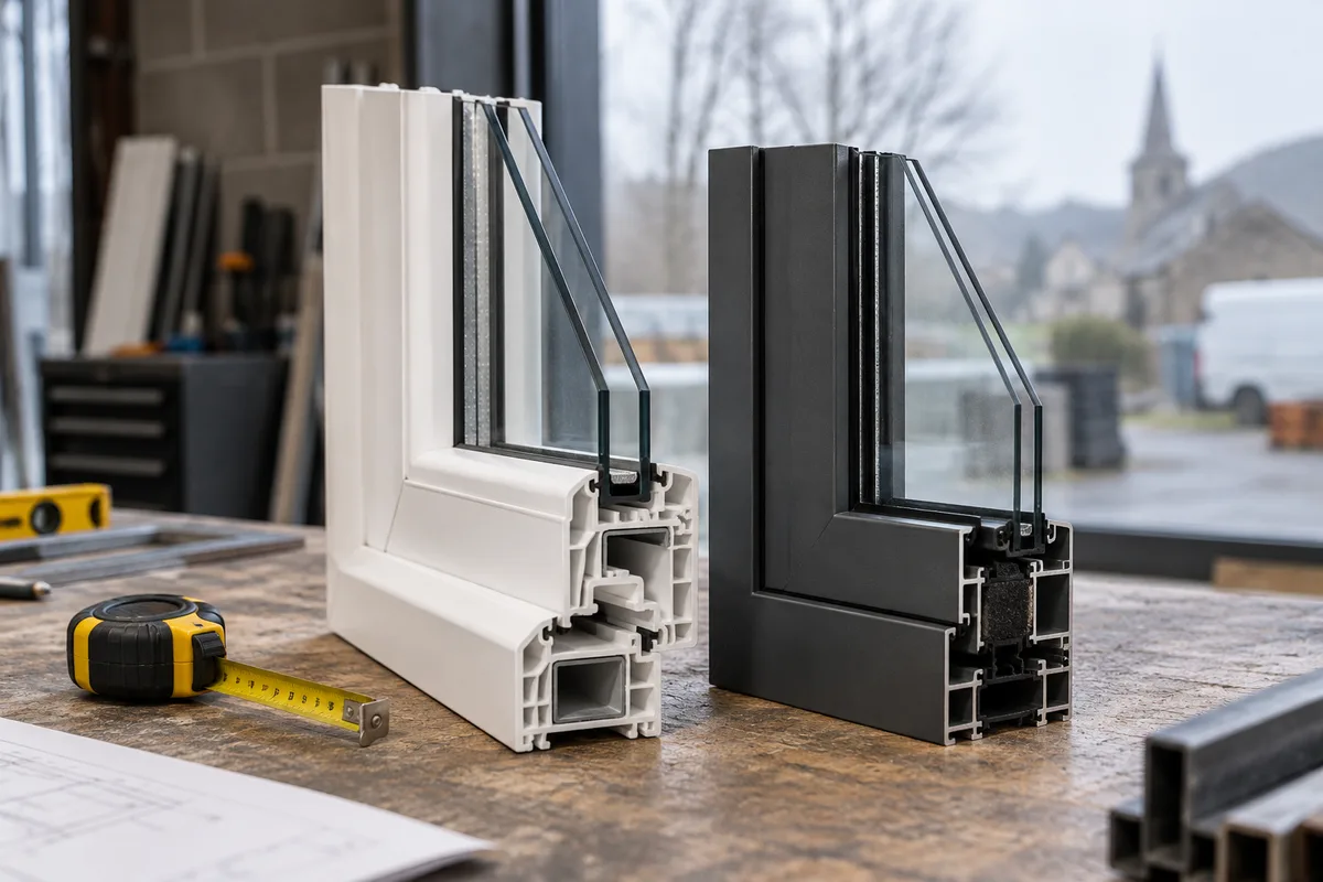 Coupes d'angle de profils PVC et aluminium côte à côte avec échantillon de double vitrage