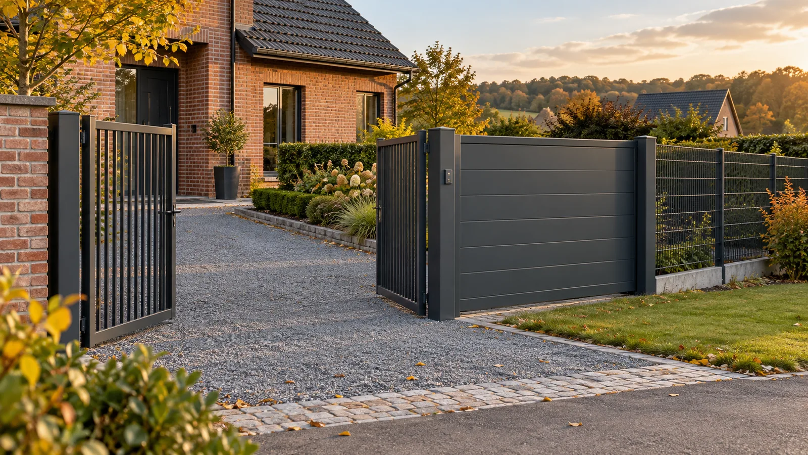 Portail battant et barrière coulissante en acier gris anthracite à l'entrée d'une maison