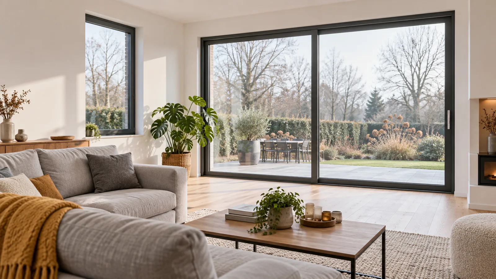 Salon lumineux ouvert sur une large baie coulissante gris anthracite
