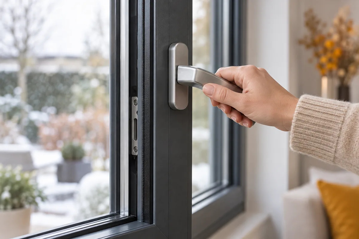 Main basculant la poignée d'une fenêtre neuve gris anthracite