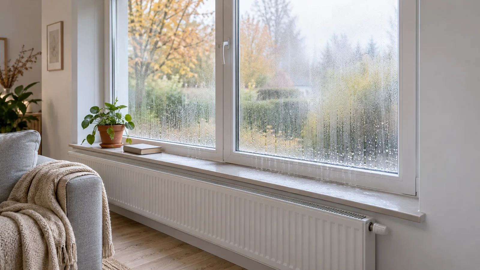 Fenêtre à châssis blanc couverte de buée dans un salon