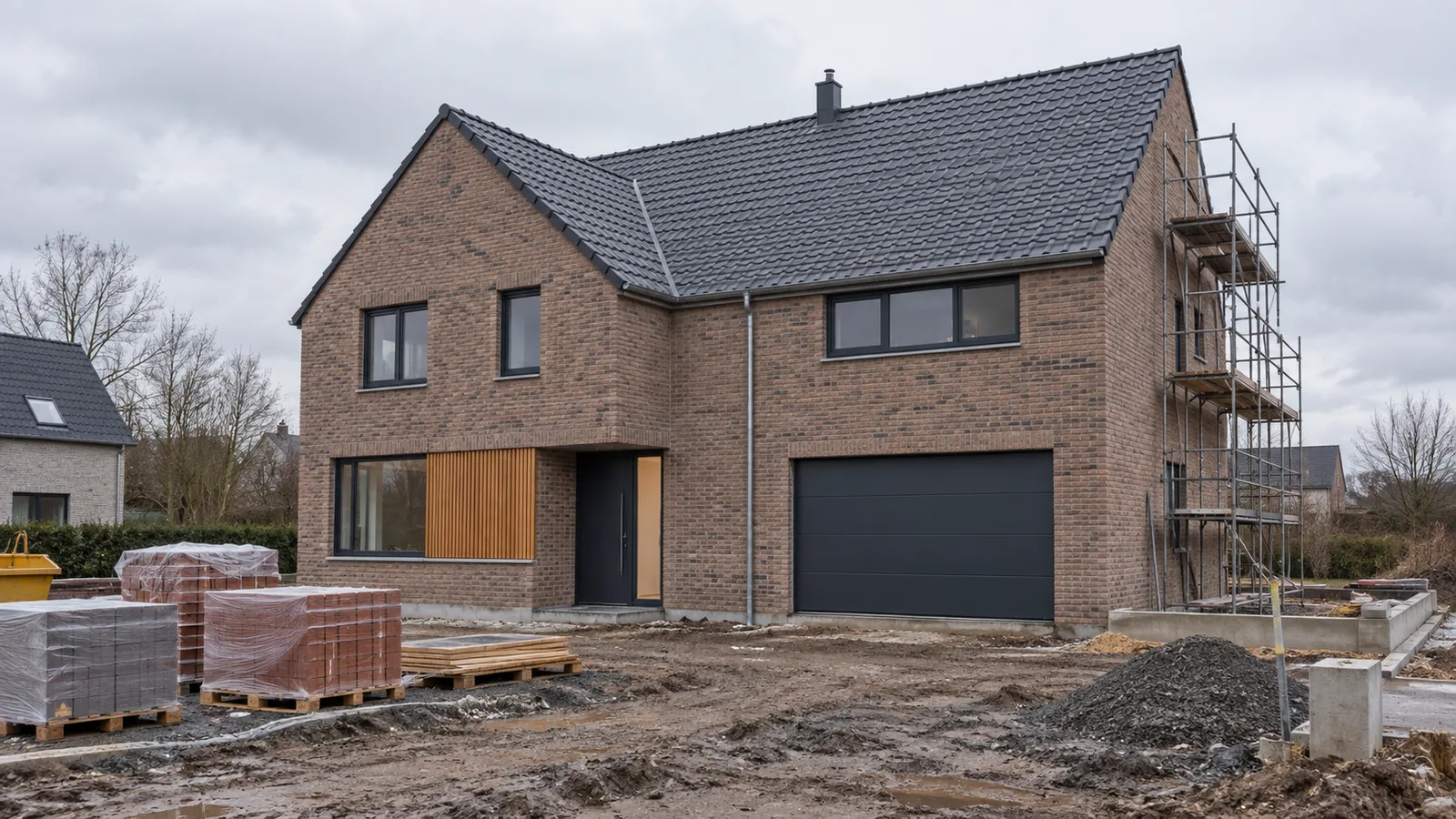Maison neuve en brique presque terminée dans un lotissement, échafaudage partiellement démonté
