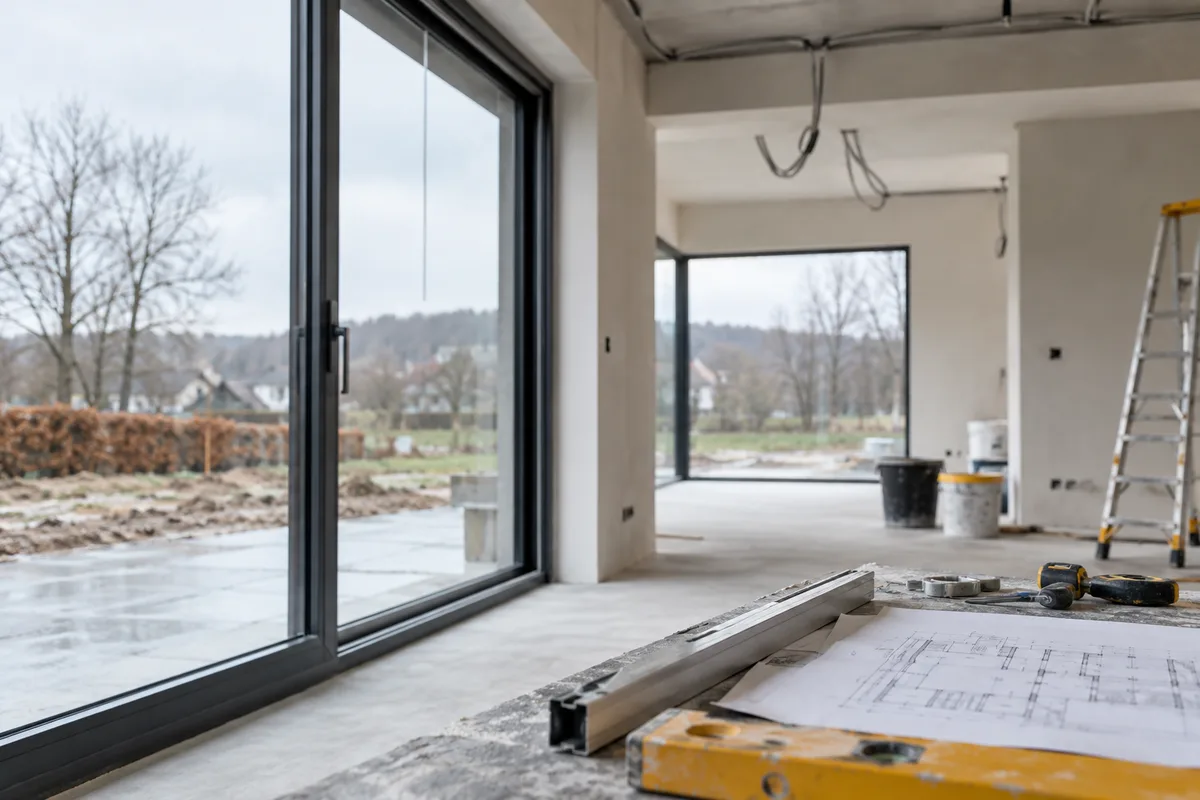 Intérieur de maison neuve avec murs plâtrés, chape coulée et baie vitrée en aluminium