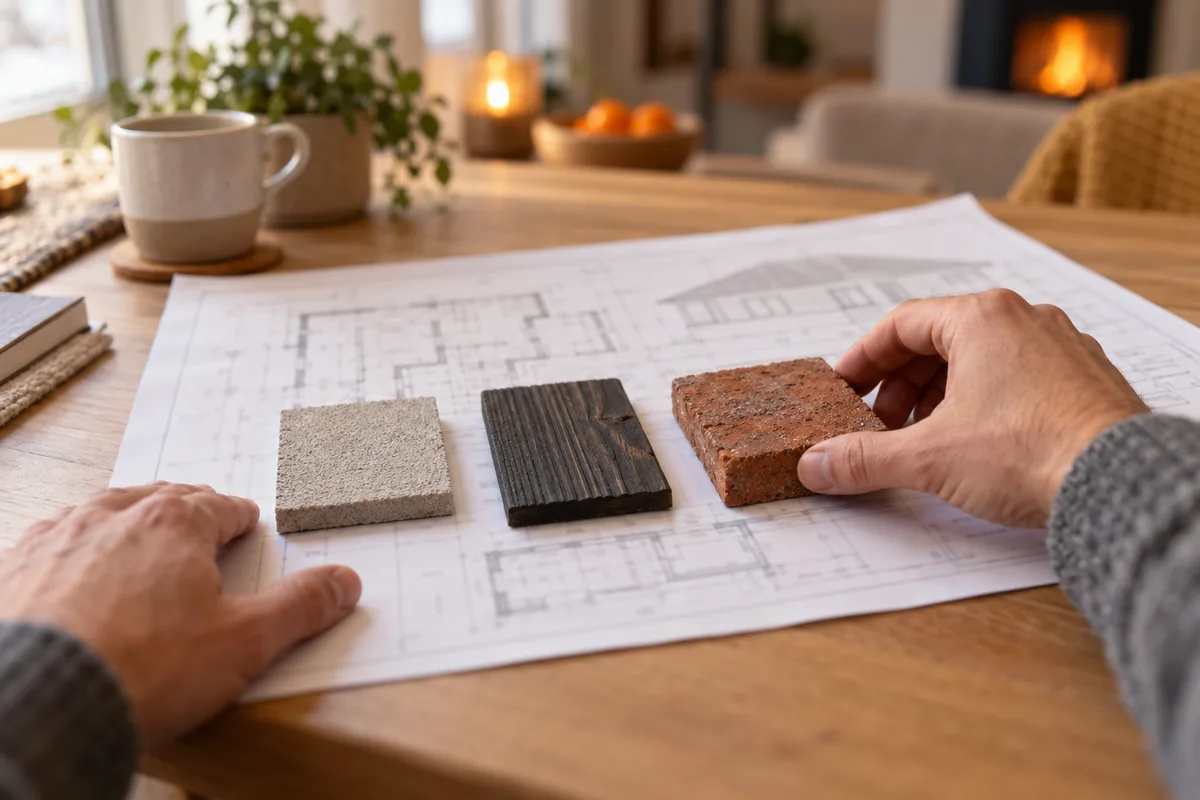 Mains disposant des échantillons de façade sur un plan de maison