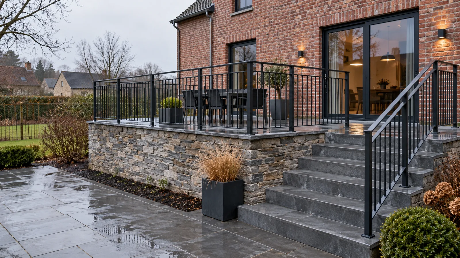 Garde-corps sur mesure en acier noir mat sur une terrasse surélevée avec escalier en pierre