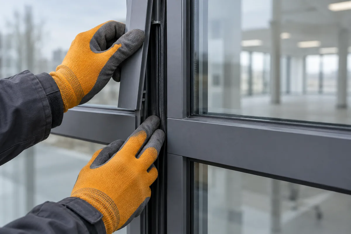 Mains vérifiant le joint d'un profilé de mur-rideau en aluminium