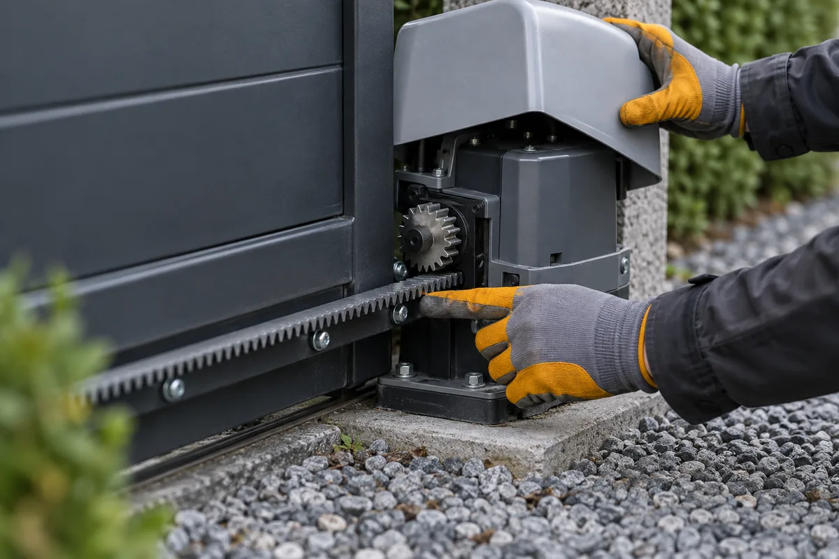 Mains contrôlant la crémaillère du moteur d'un portail coulissant