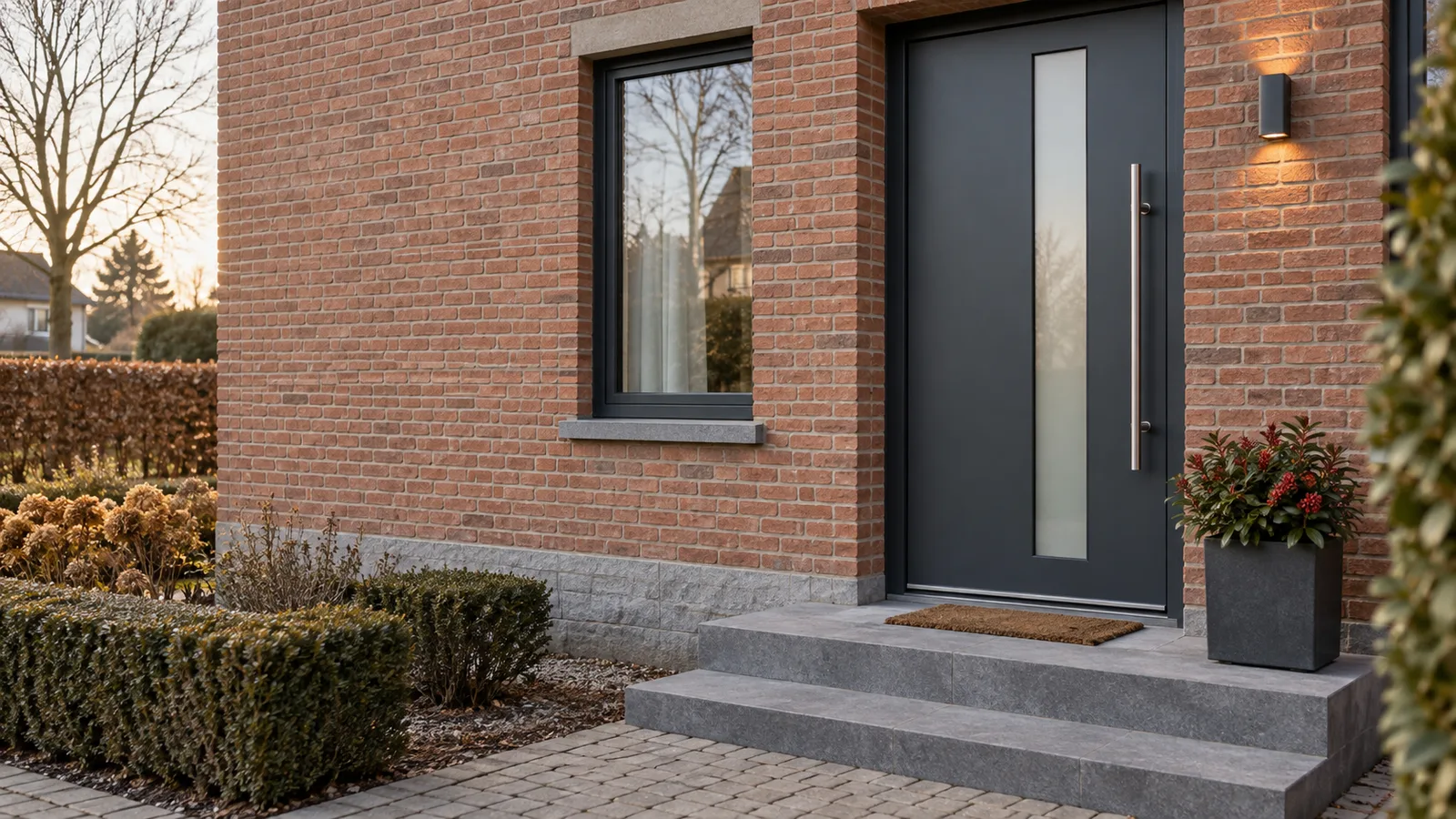Porte d'entrée neuve en aluminium anthracite sur façade en brique