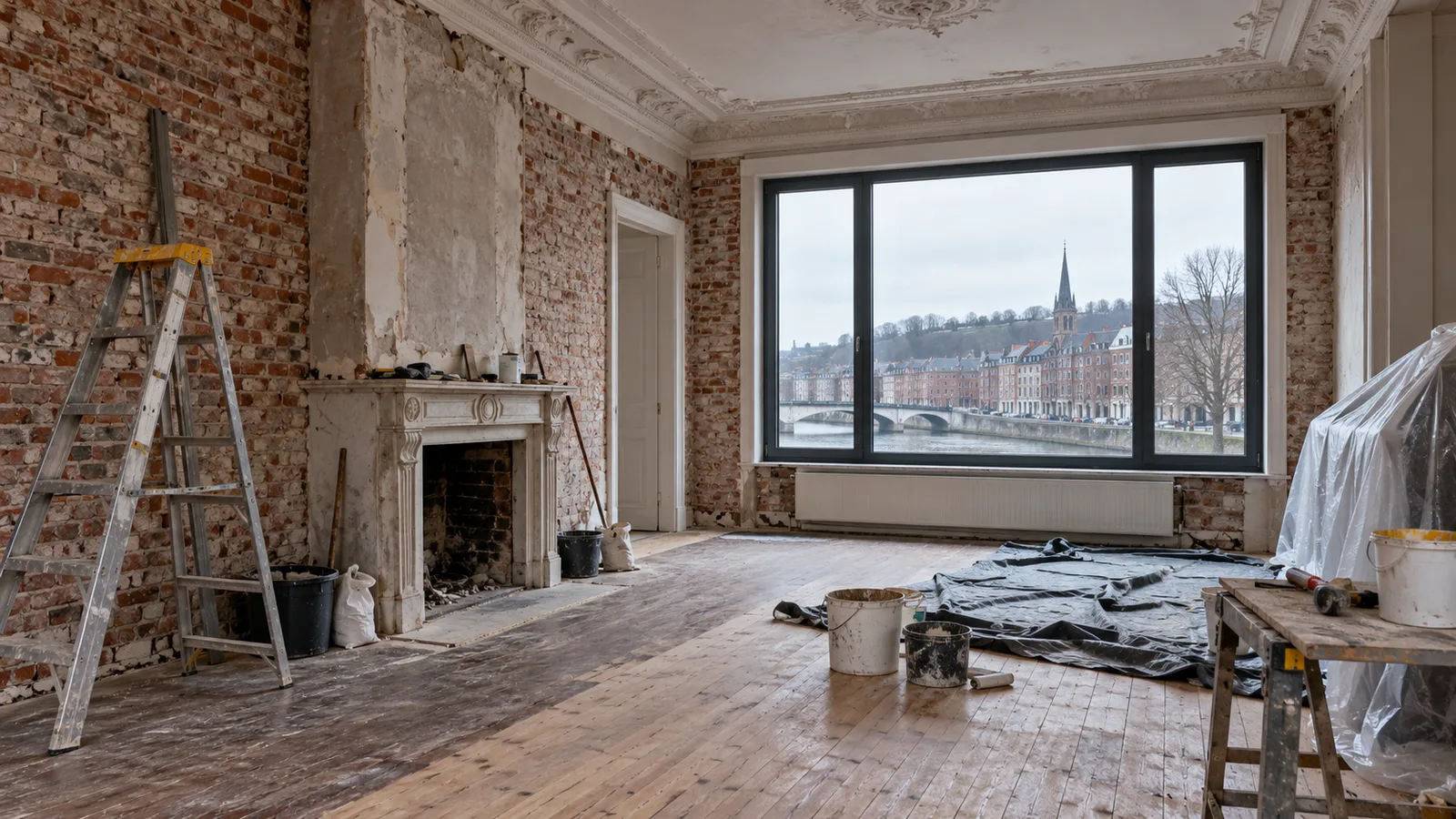 Salon en rénovation avec murs décapés, moulure ancienne et plancher à moitié poncé