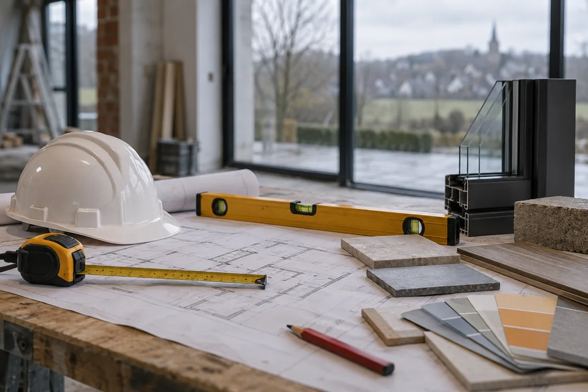 Plans, mètre, niveau et échantillons de peinture et de carrelage sur une table de chantier