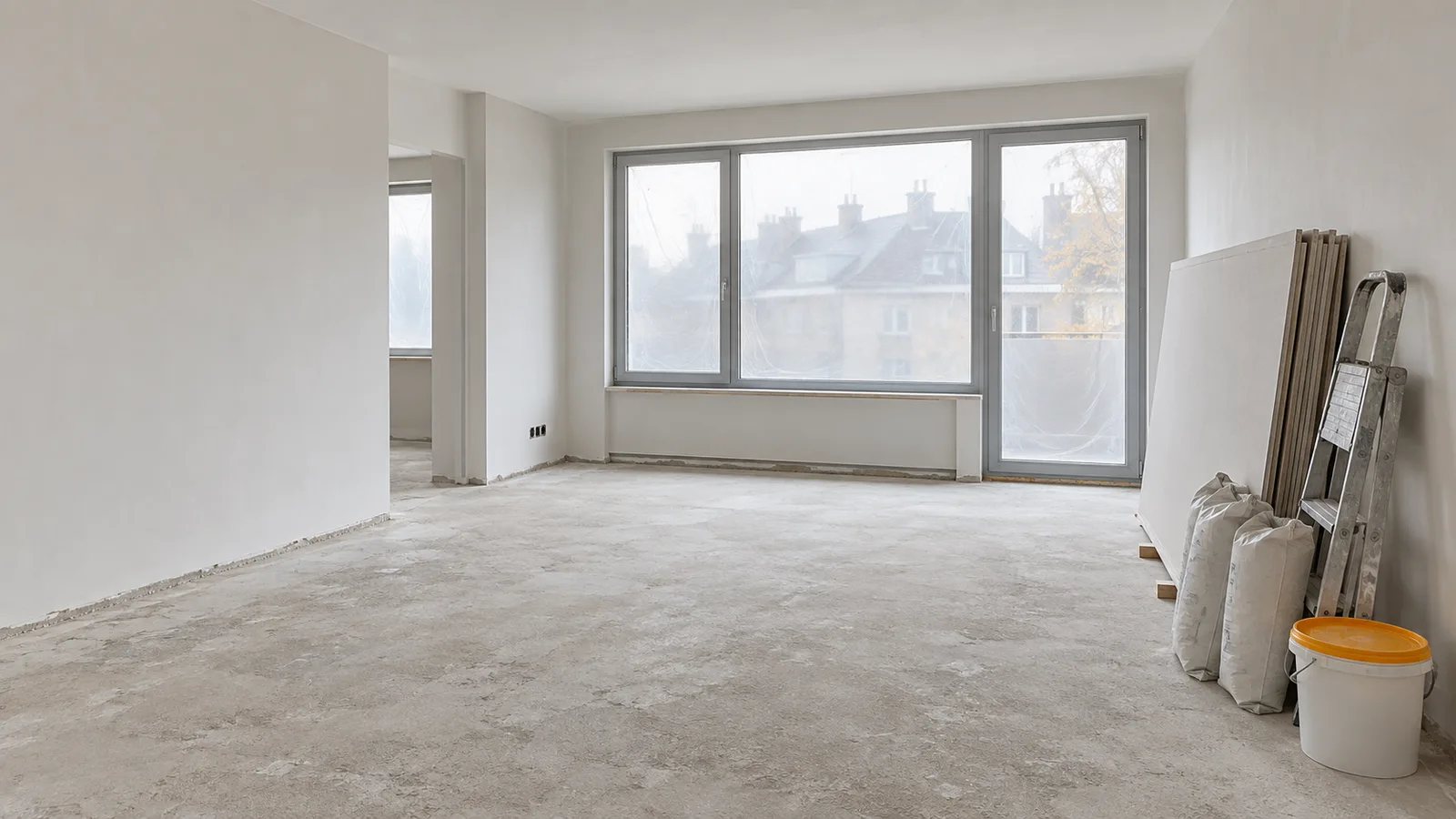 Appartement vidé en rénovation, chape nue et matériaux empilés