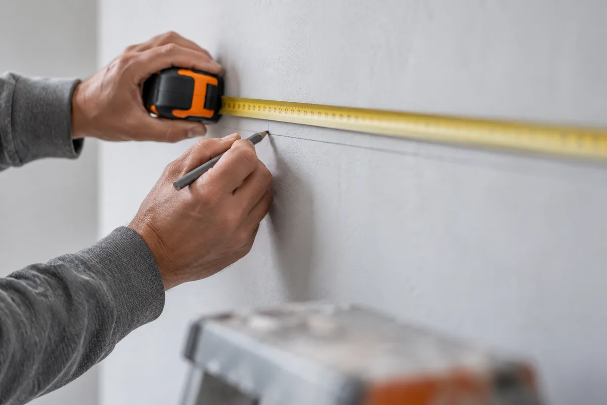 Mains traçant un repère au crayon le long d'un mètre ruban