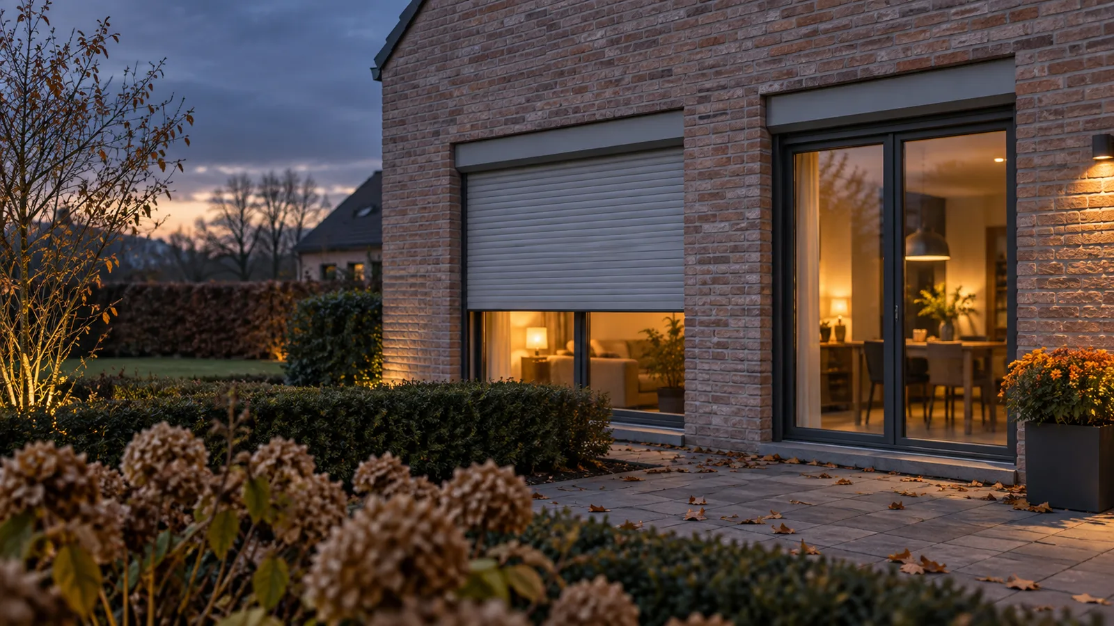 Façade en brique au crépuscule avec un volet roulant descendu